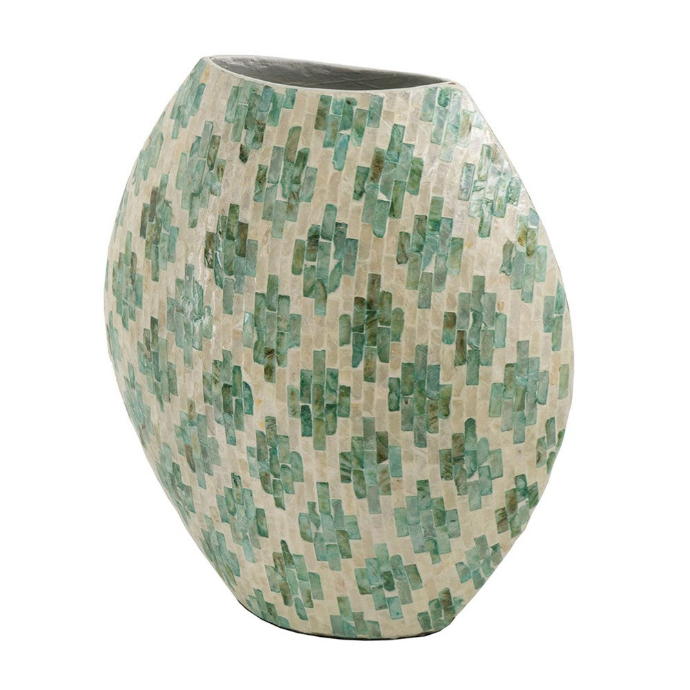 Rhys Decorative Vase | Hand-Applied Mosaic-Pattern Green-White Capiz 18"