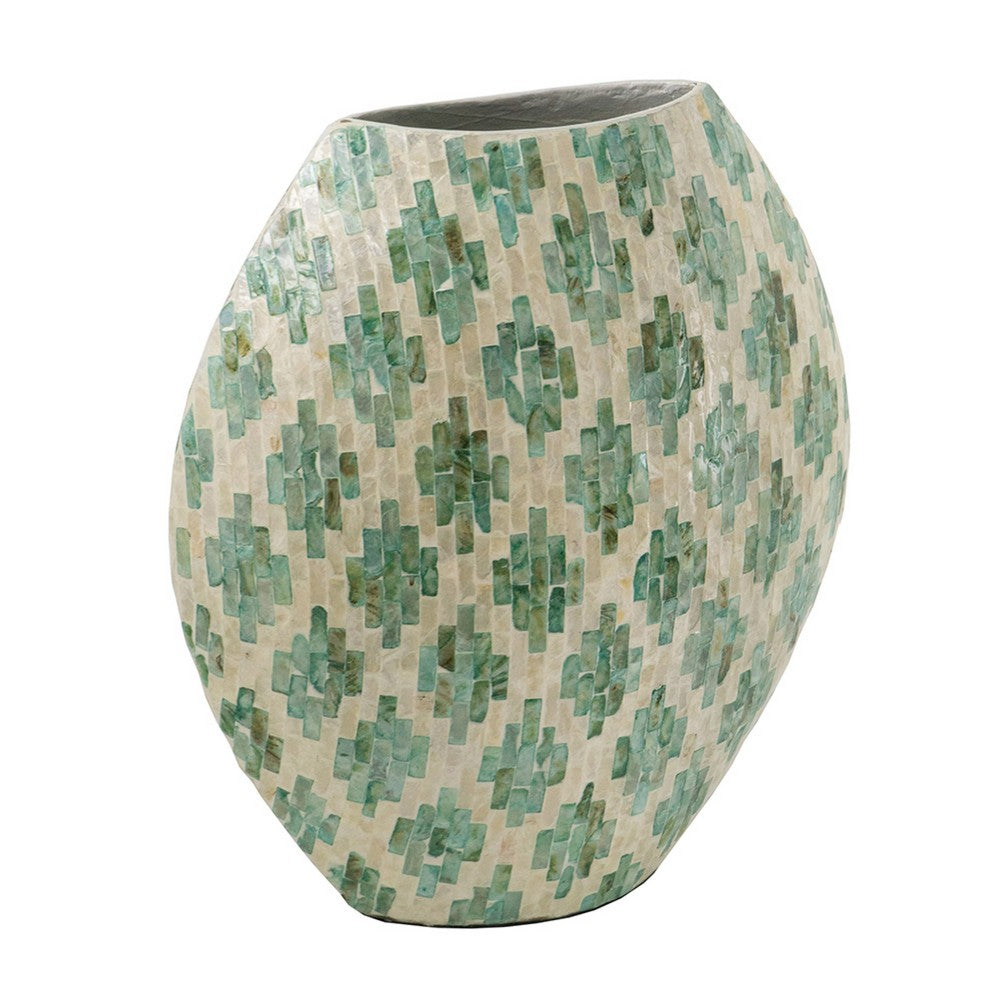Rhys Decorative Vase | Hand-Applied Mosaic-Pattern Green-White Capiz 18"