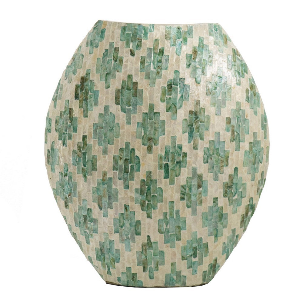 Rhys Decorative Vase | Hand-Applied Mosaic-Pattern Green-White Capiz 18"