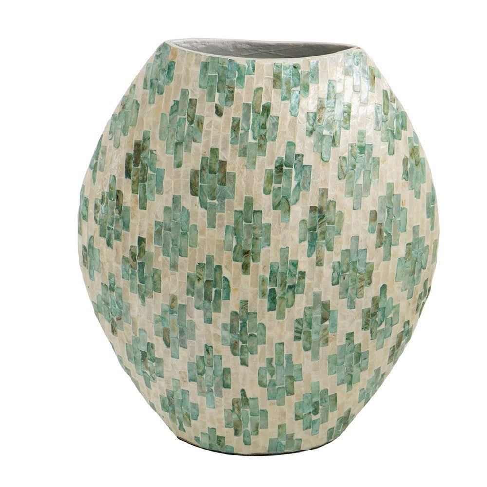 Rhys Decorative Vase | Hand-Applied Mosaic-Pattern Green-White Capiz 18"