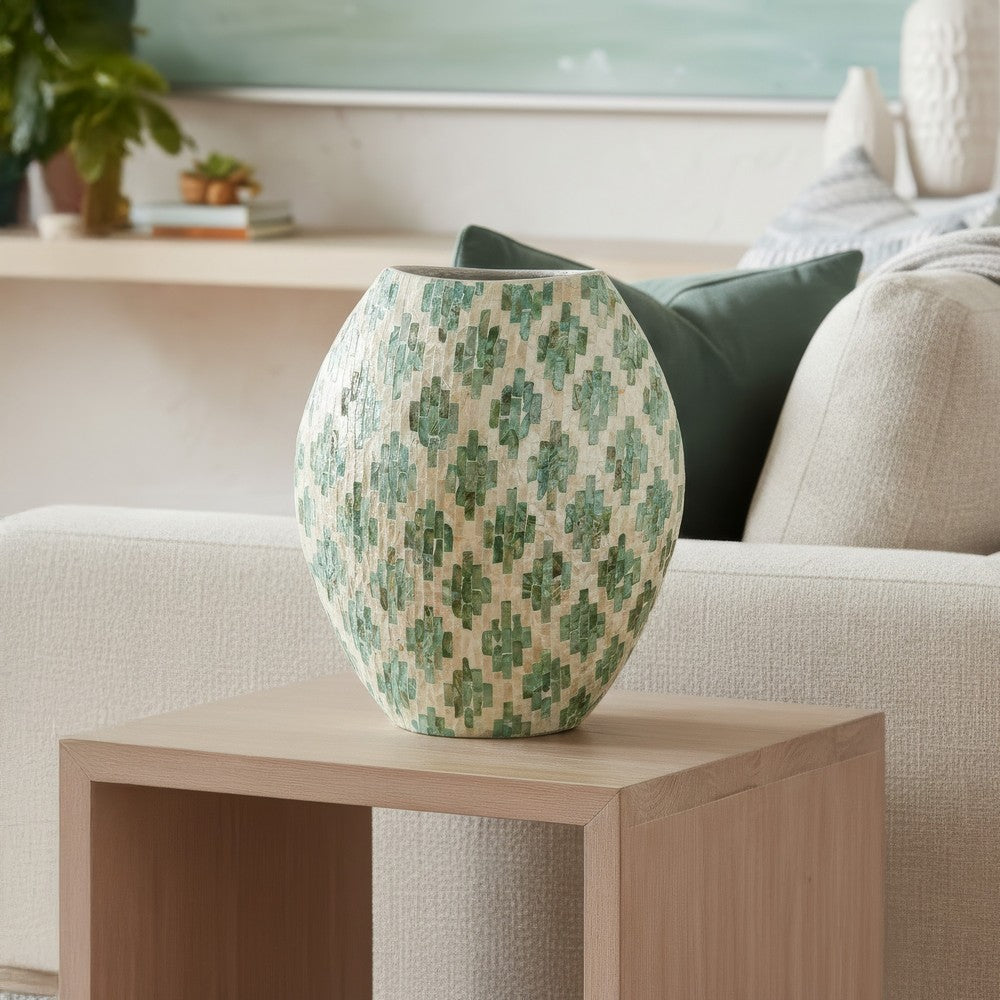 Rhys Decorative Vase | Hand-Applied Mosaic-Pattern Green-White Capiz 18"