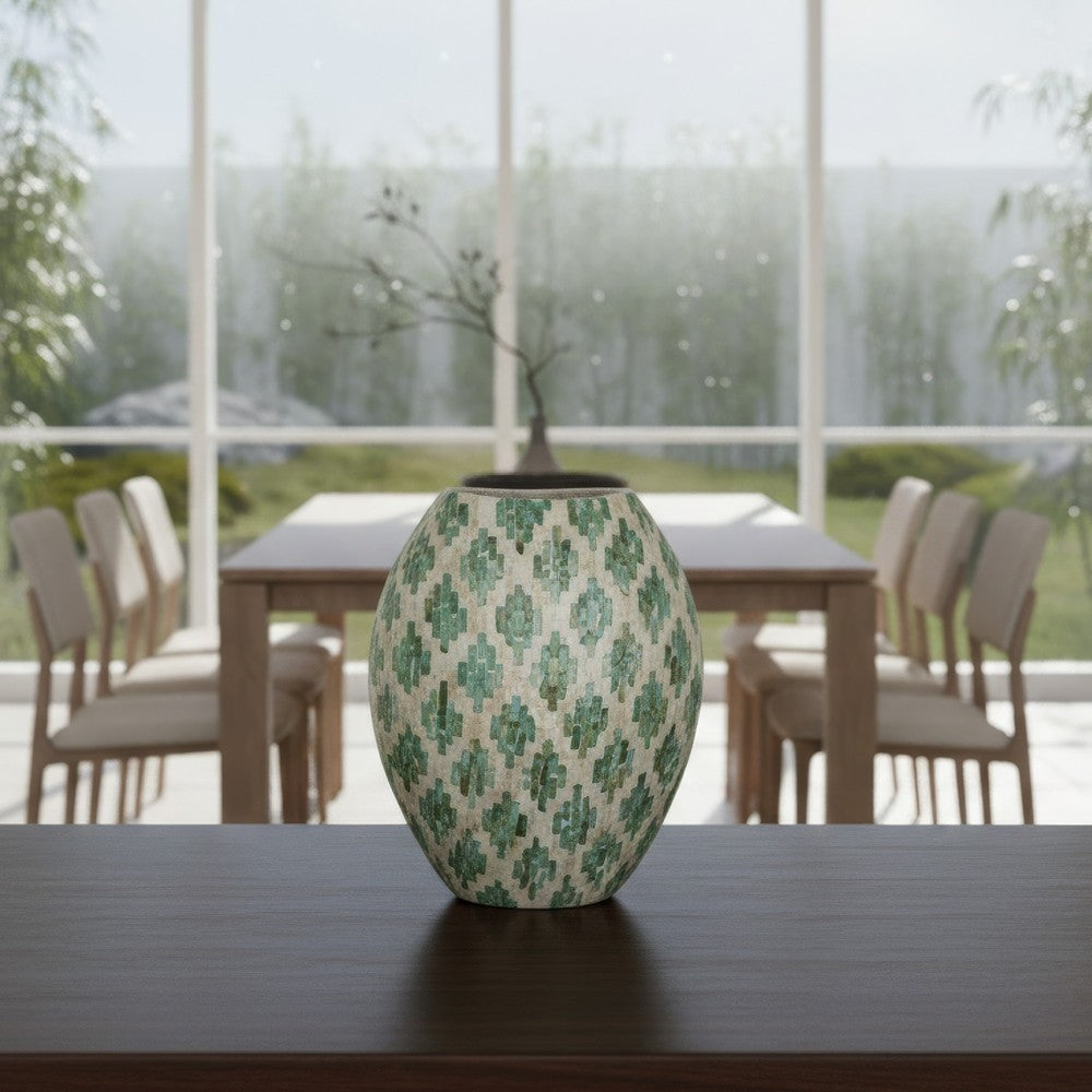 Rhys Decorative Vase | Hand-Applied Mosaic-Pattern Green-White Capiz 18"