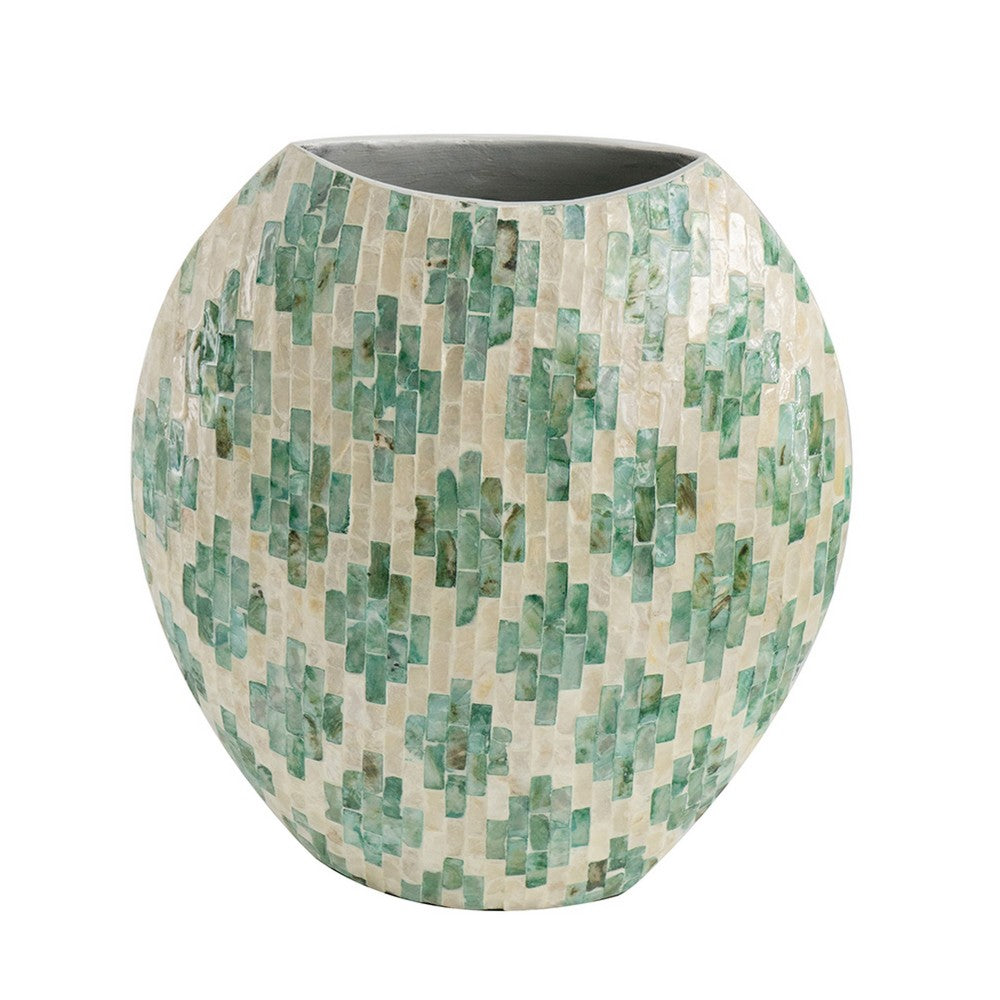 Rhys Decorative Vase | Hand-Applied Mosaic-Pattern Green-White Capiz 14"