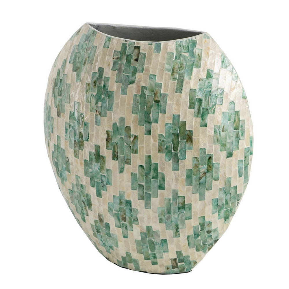 Rhys Decorative Vase | Hand-Applied Mosaic-Pattern Green-White Capiz 14"