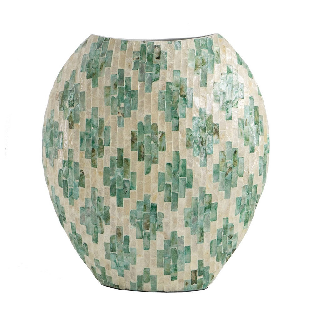 Rhys Decorative Vase | Hand-Applied Mosaic-Pattern Green-White Capiz 14"