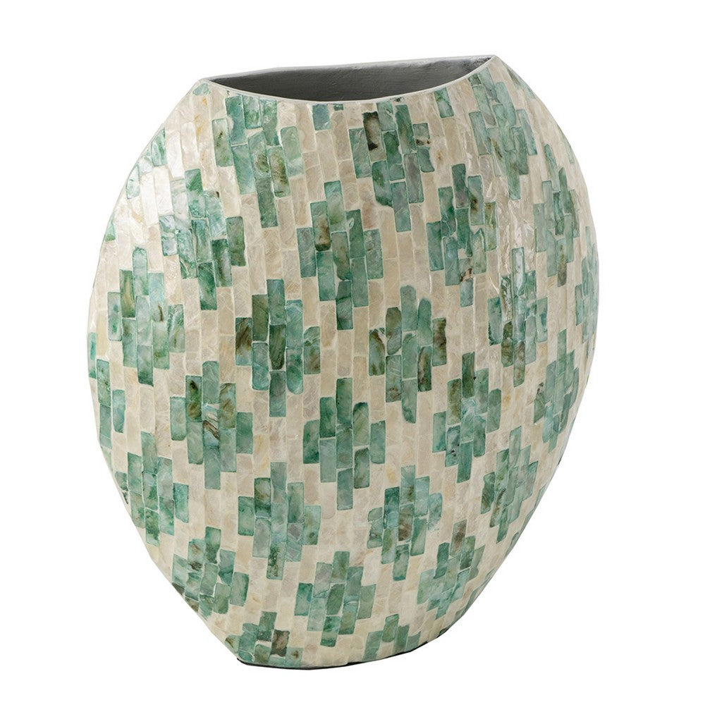 Rhys Decorative Vase | Hand-Applied Mosaic-Pattern Green-White Capiz 14"