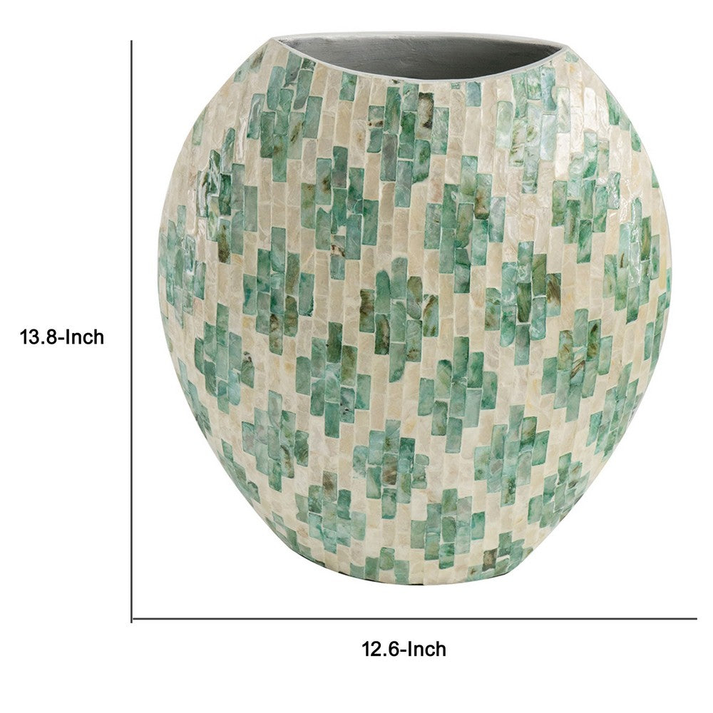 Rhys Decorative Vase | Hand-Applied Mosaic-Pattern Green-White Capiz 14"