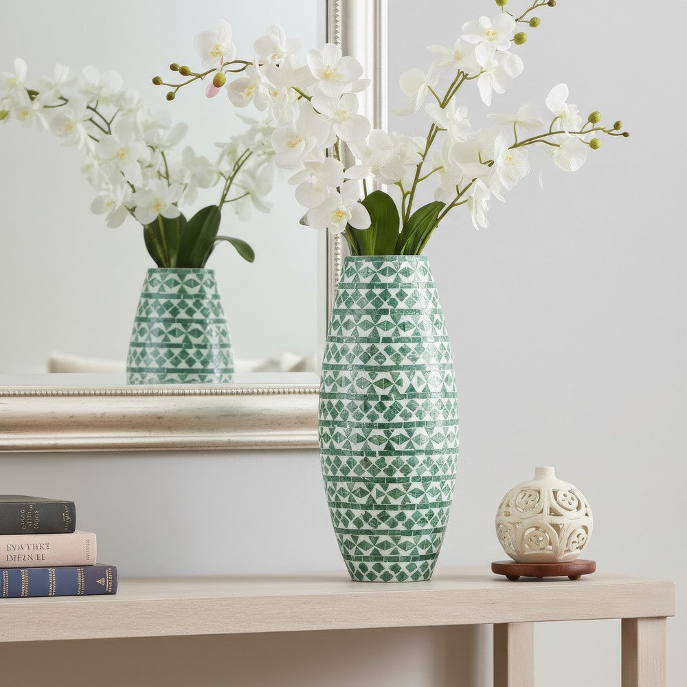Kane Decorative Vase | Geometric Patterns | Green-White Capiz Inlay 20"