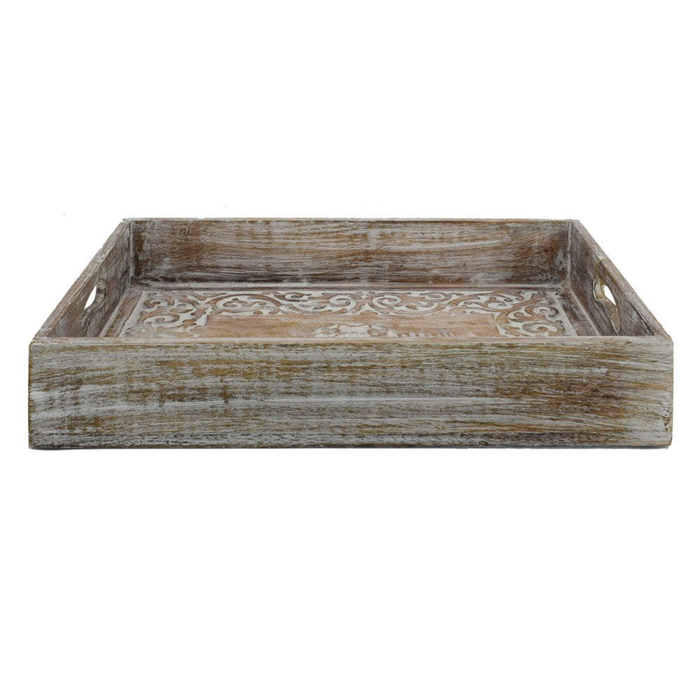 Owen Tray | Floral Scroll Carvings | Raised Edges | Brown Mango Wood 16x12