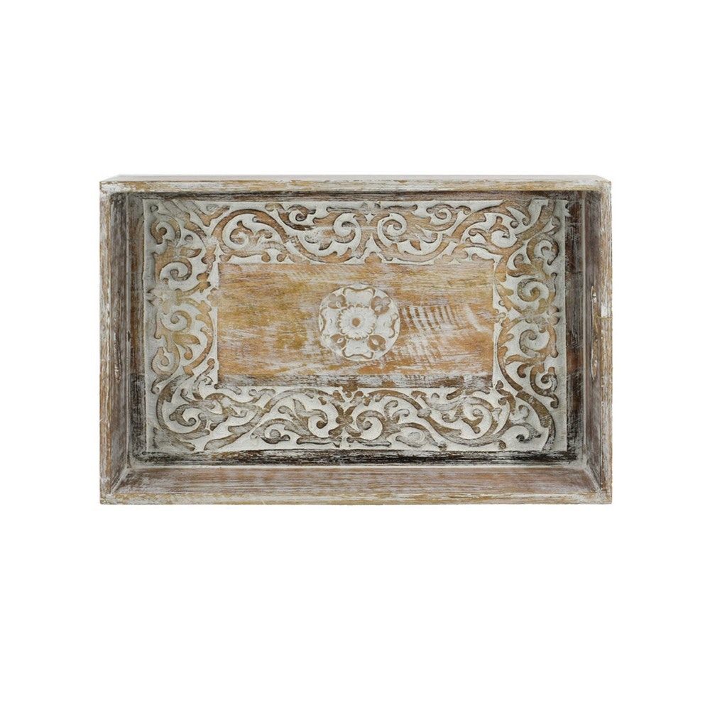 Owen Tray | Floral Scroll Carvings | Raised Edges | Brown Mango Wood 16x12