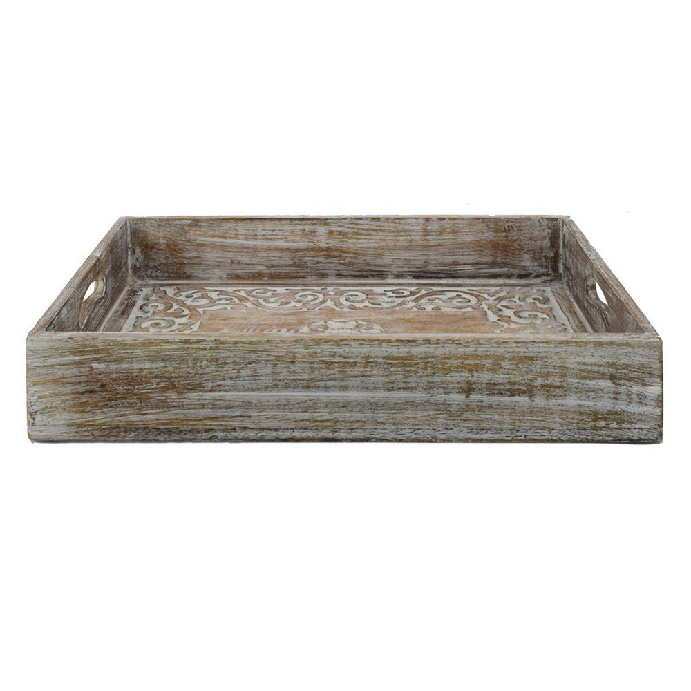 Owen Tray | Floral Scroll Carvings | Raised Edges | Brown Mango Wood 16x12