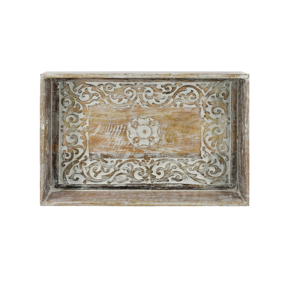 Owen Tray | Floral Scroll Carvings | Raised Edges | Brown Mango Wood 16x12