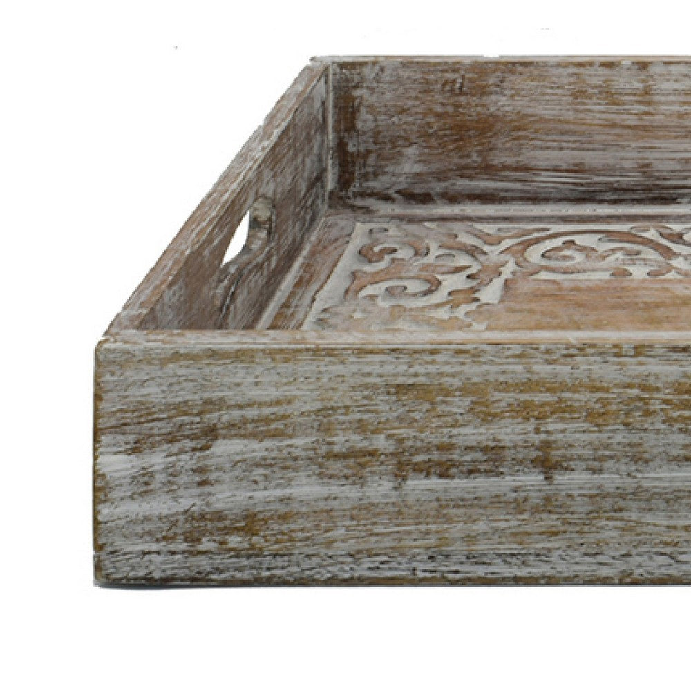 Owen Tray | Floral Scroll Carvings | Raised Edges | Brown Mango Wood 16x12
