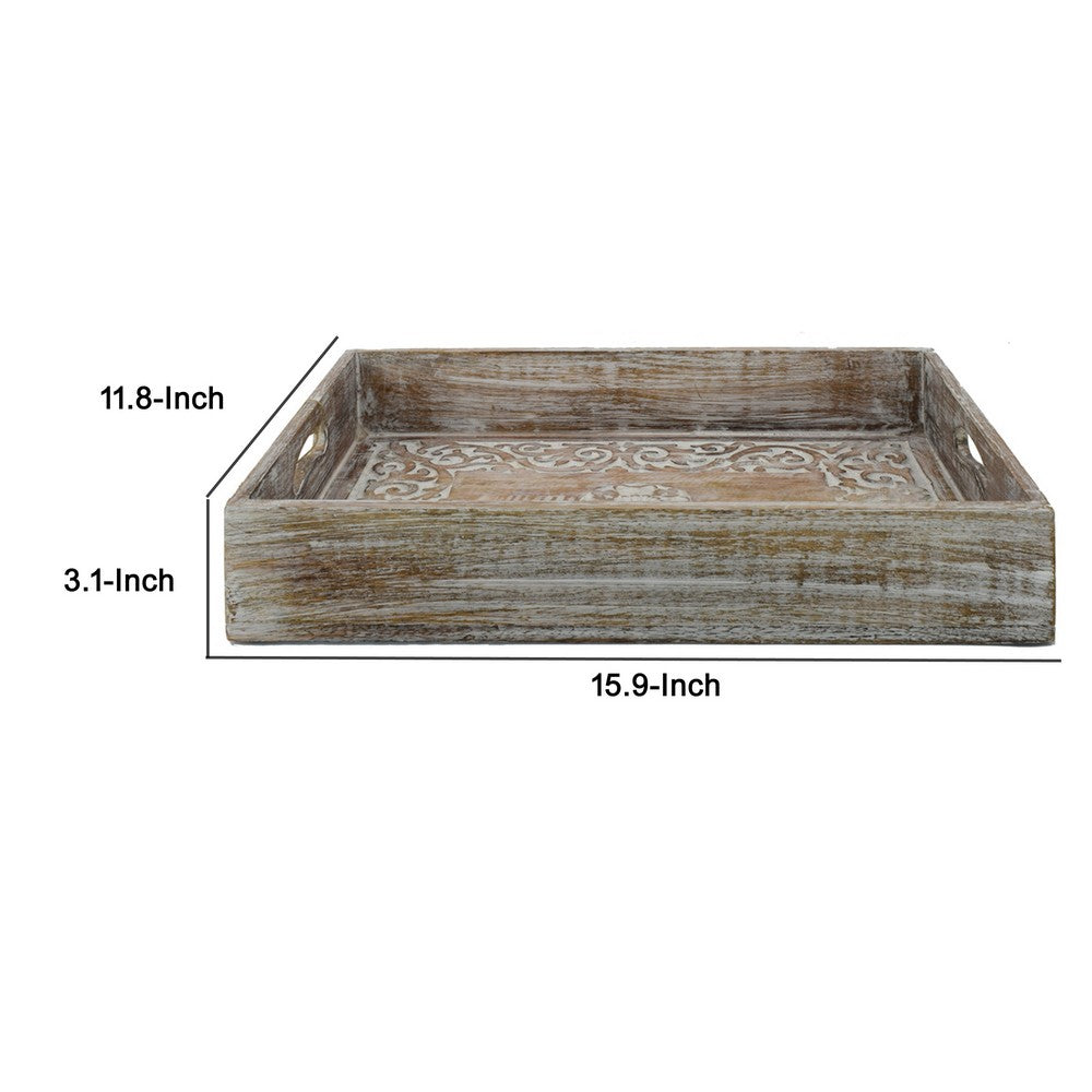 Owen Tray | Floral Scroll Carvings | Raised Edges | Brown Mango Wood 16x12
