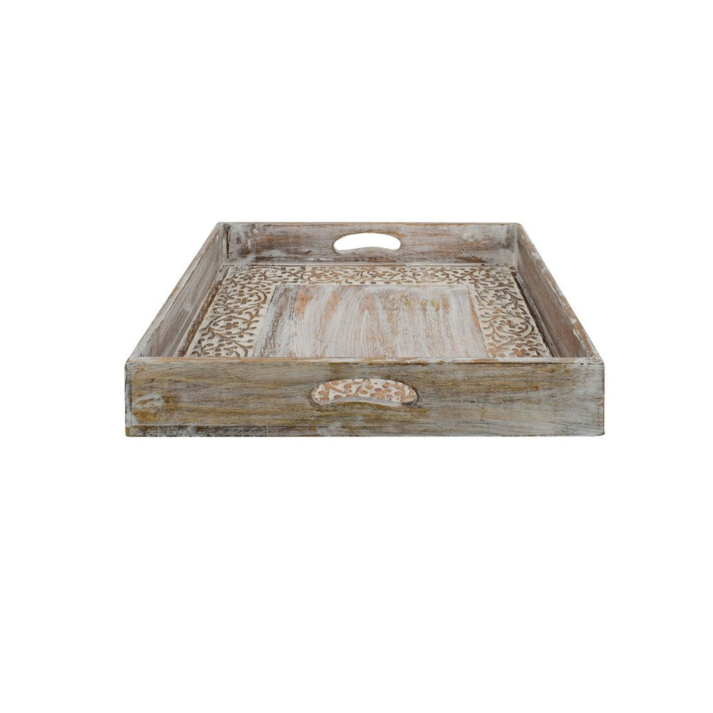 Owen Square Tray | Floral Carved Raised Edge Brown Mango Wood 16x16
