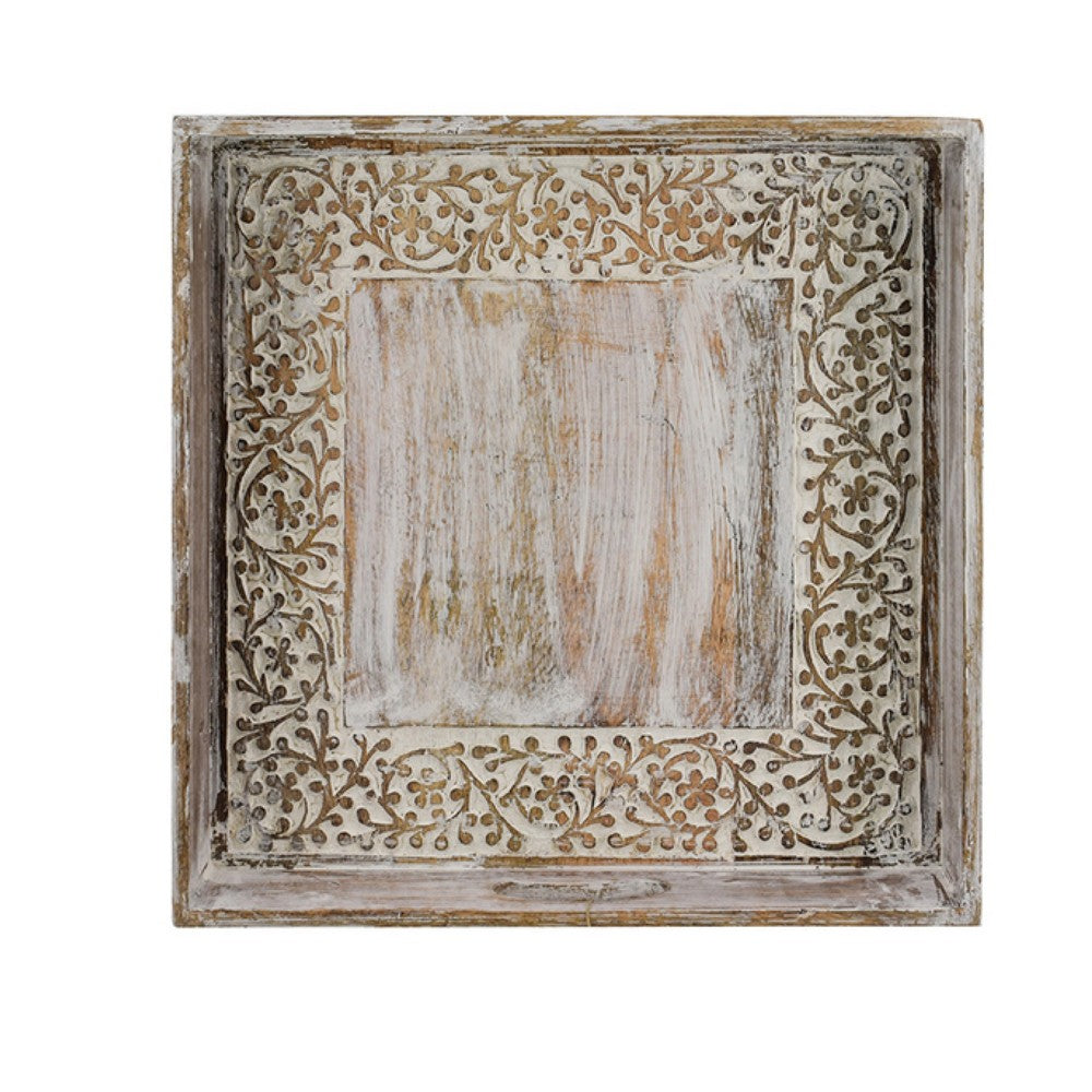 Owen Square Tray | Floral Carved Raised Edge Brown Mango Wood 16x16