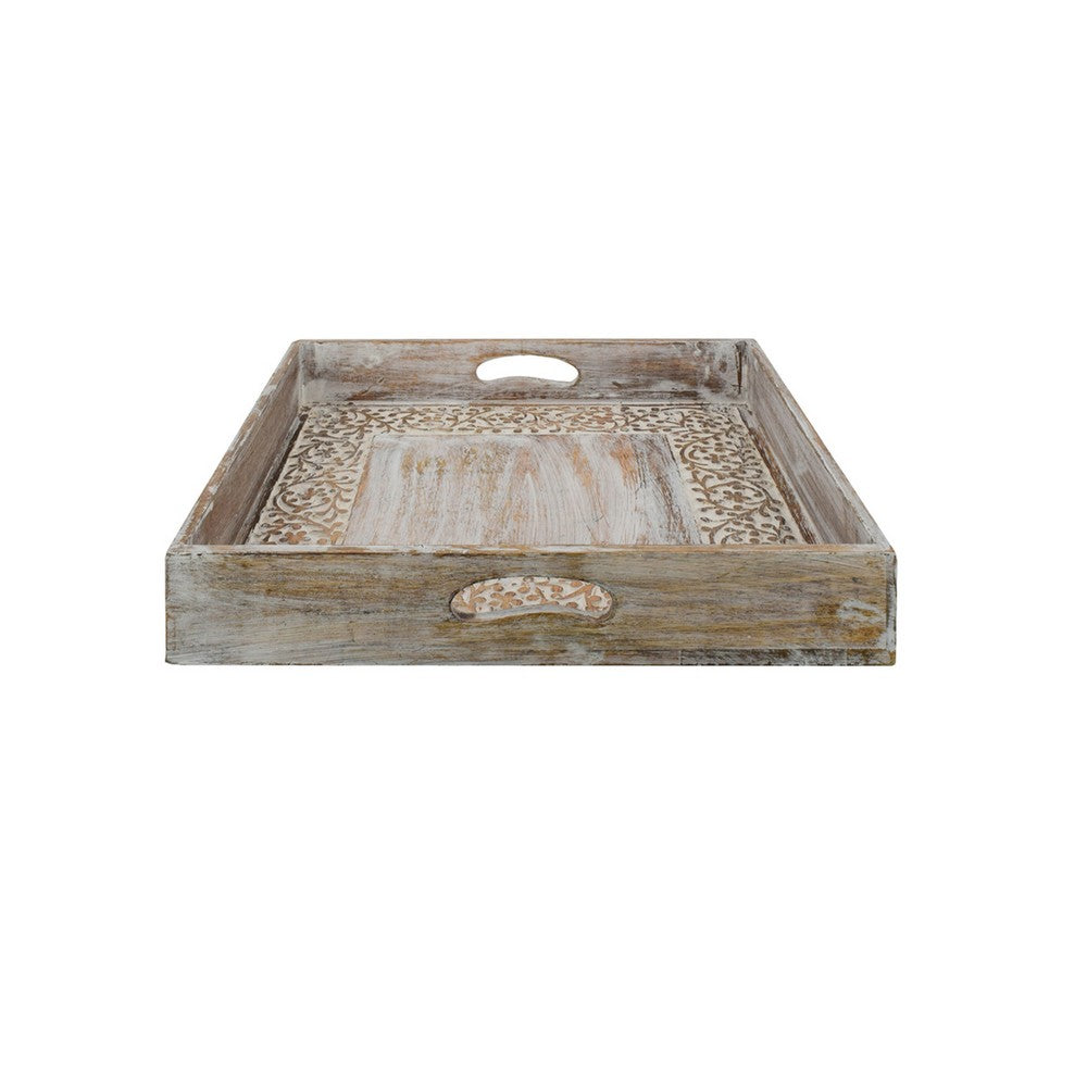 Owen Square Tray | Floral Carved Raised Edge Brown Mango Wood 16x16