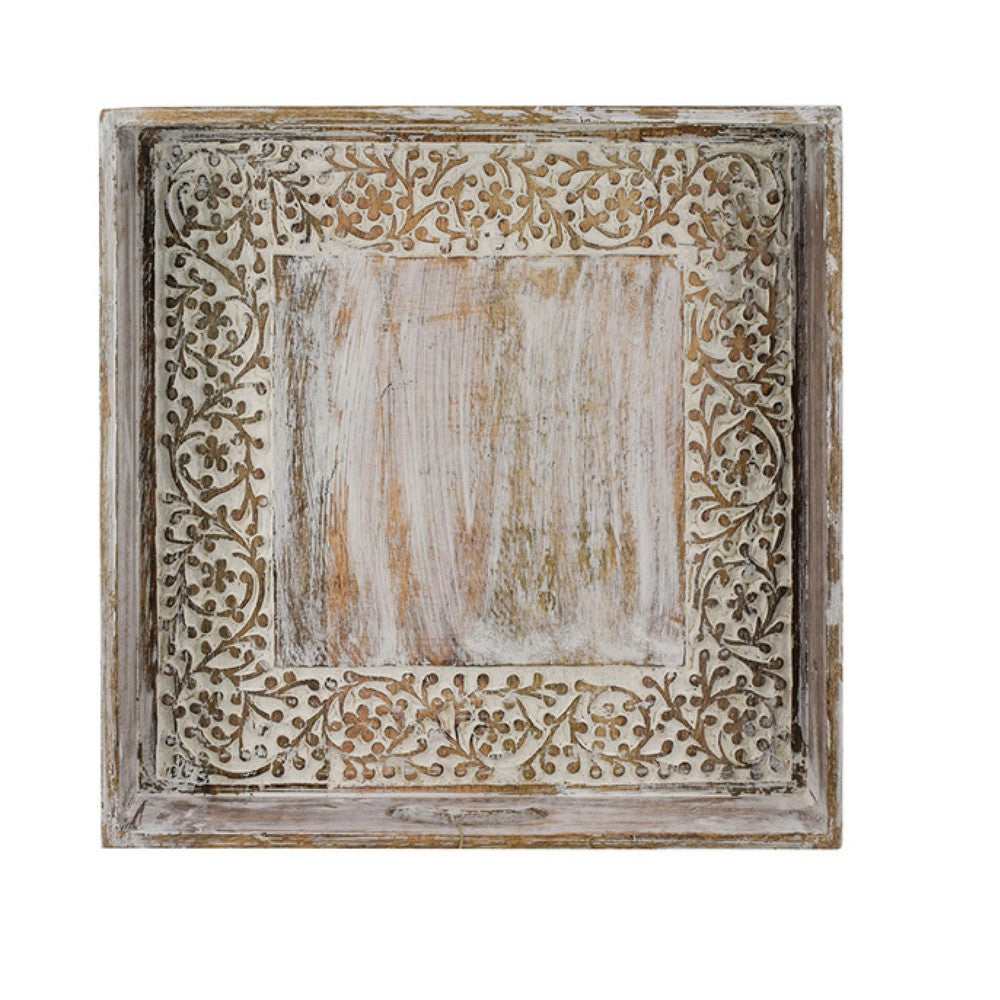 Owen Square Tray | Floral Carved Raised Edge Brown Mango Wood 16x16