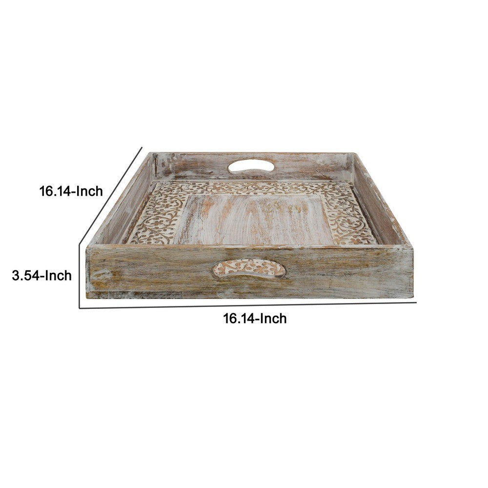 Owen Square Tray | Floral Carved Raised Edge Brown Mango Wood 16x16