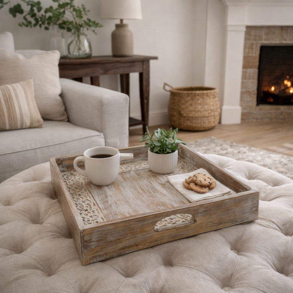 Owen Square Tray | Floral Carved Raised Edge Brown Mango Wood 16x16