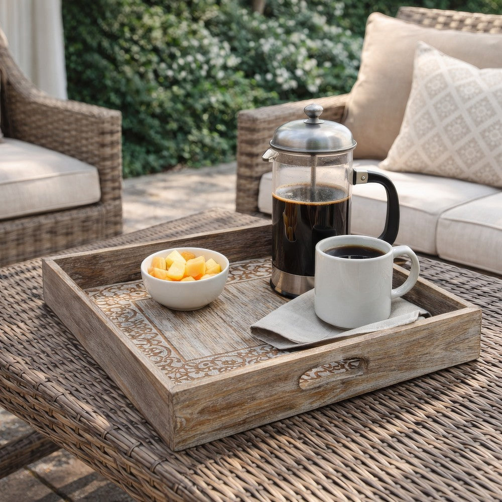 Owen Square Tray | Floral Carved Raised Edge Brown Mango Wood 16x16