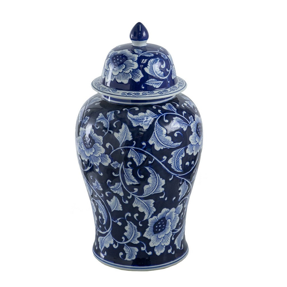 Reed Ginger Jar with Dome Lid | Floral Pattern Blue-White Porcelain 18"