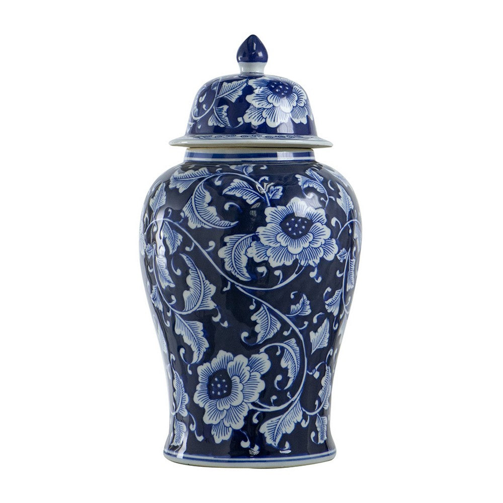 Reed Ginger Jar with Dome Lid | Floral Pattern Blue-White Porcelain 18"