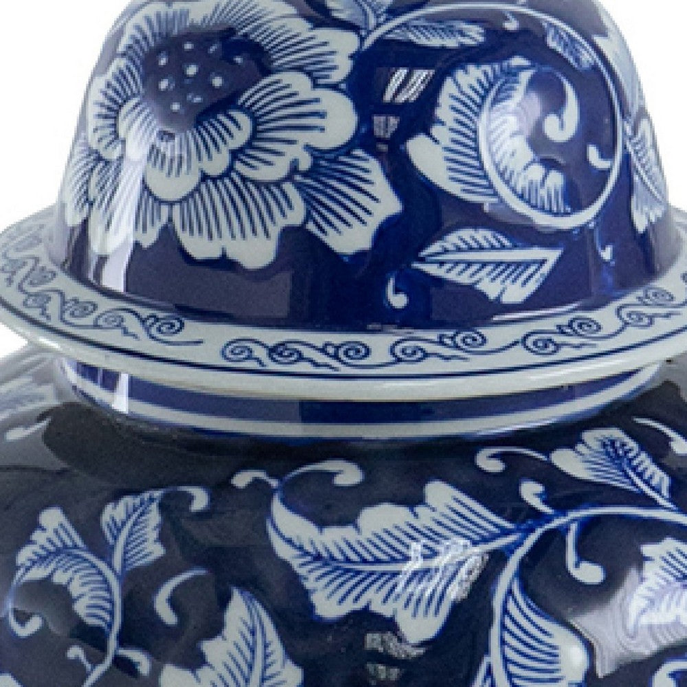 Reed Ginger Jar with Dome Lid | Floral Pattern Blue-White Porcelain 18"