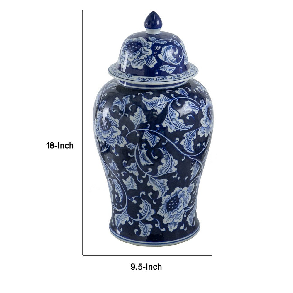 Reed Ginger Jar with Dome Lid | Floral Pattern Blue-White Porcelain 18"