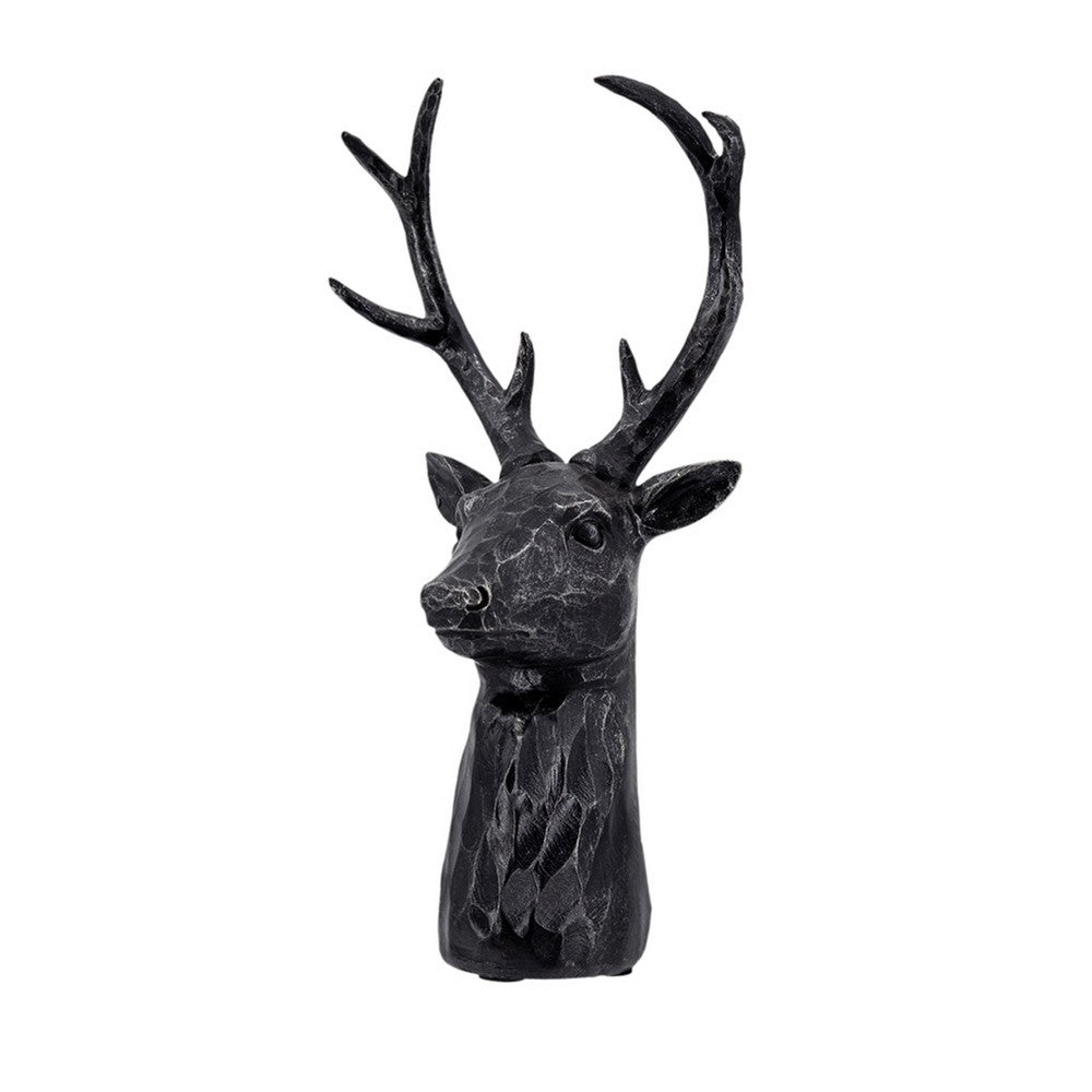 Cadie 8-Point Deer Head Sculpture | Carved Details | Black Resin 11"