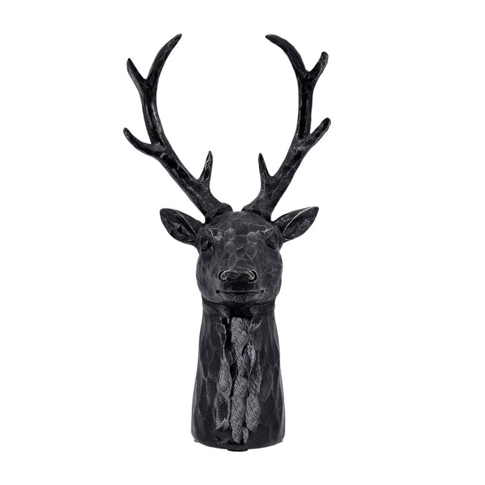 Cadie 8-Point Deer Head Sculpture | Carved Details | Black Resin 11"