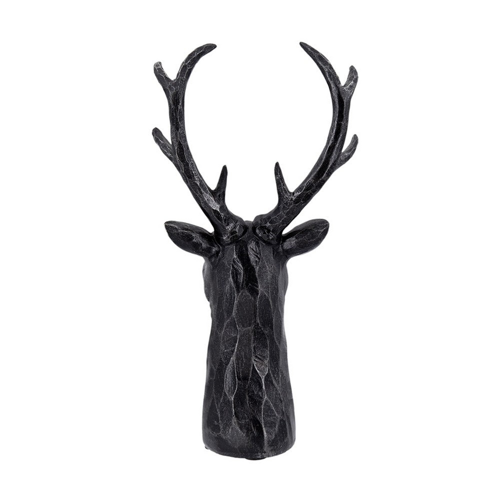 Cadie 8-Point Deer Head Sculpture | Carved Details | Black Resin 11"