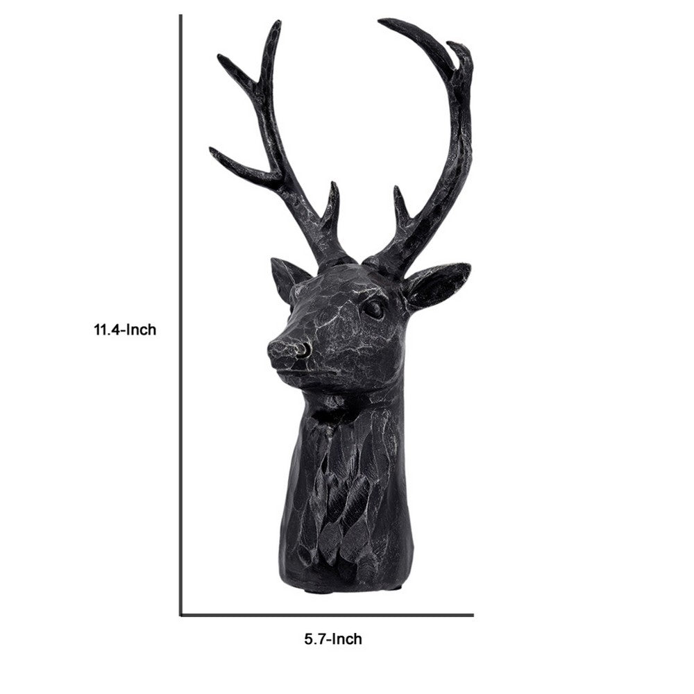 Cadie 8-Point Deer Head Sculpture | Carved Details | Black Resin 11"