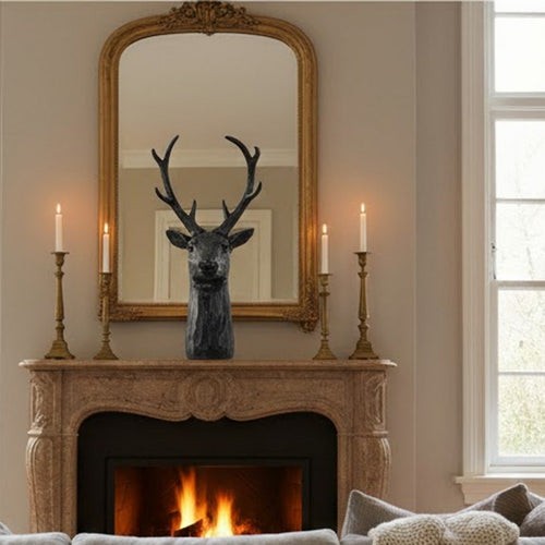 Cadie 8-Point Deer Head Sculpture | Carved Details | Black Resin 11"