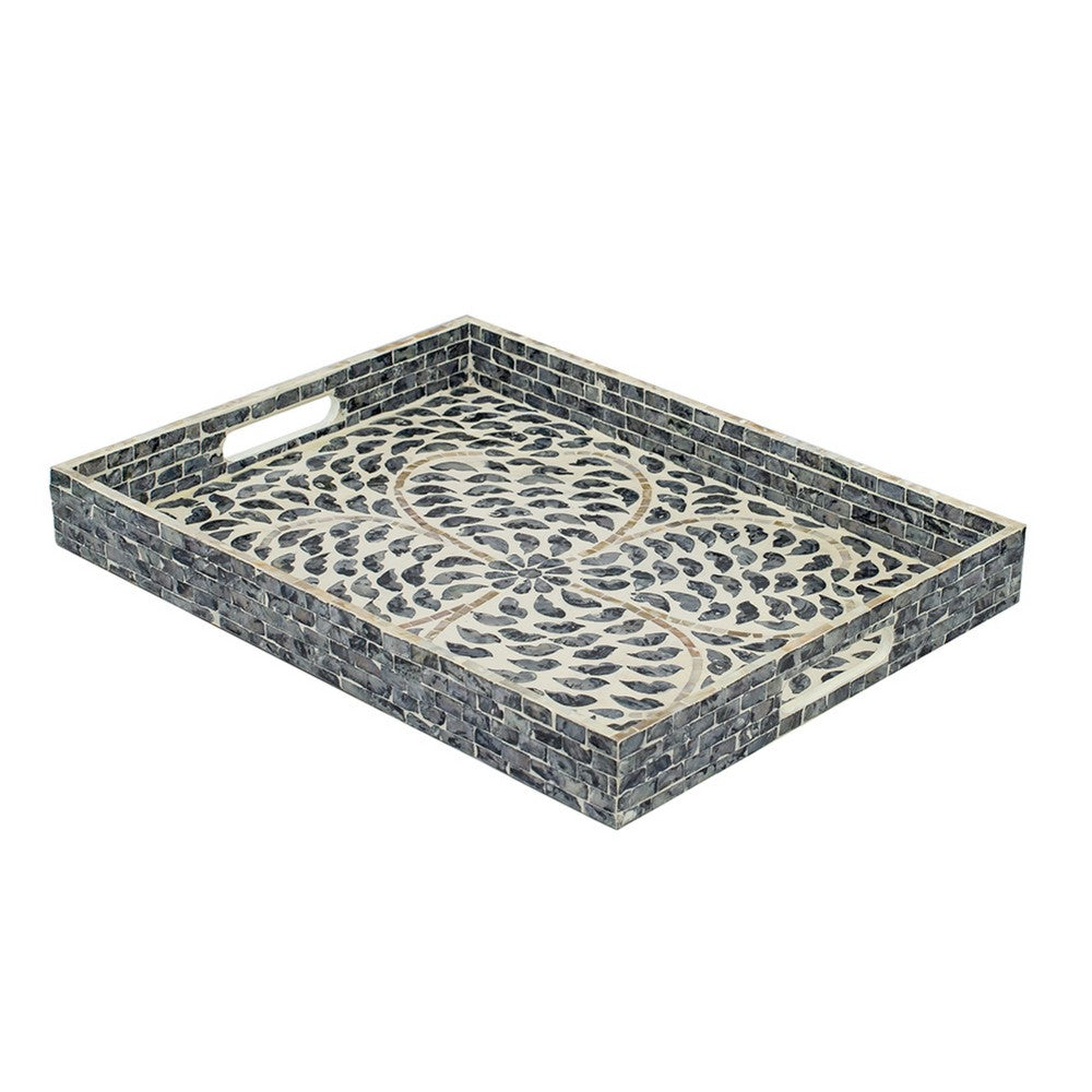 Berty Rectangular Decorative Tray | Mosaic Pattern Black Beige Capiz 18x14