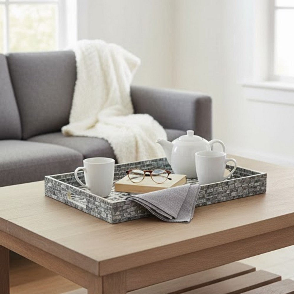 Berty Rectangular Decorative Tray | Mosaic Pattern Black Beige Capiz 18x14