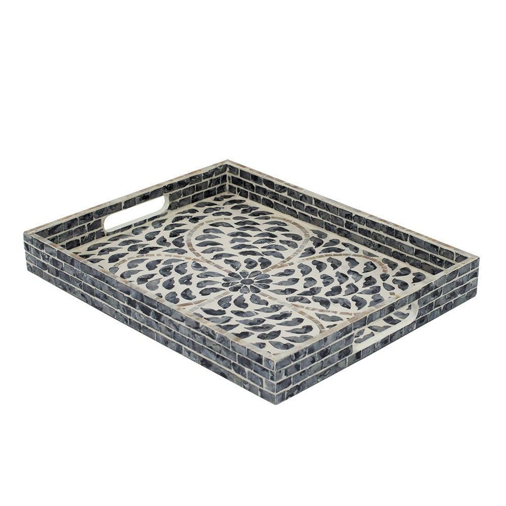 Berty Rectangular Decorative Tray | Mosaic Pattern Black Beige Capiz 15x12
