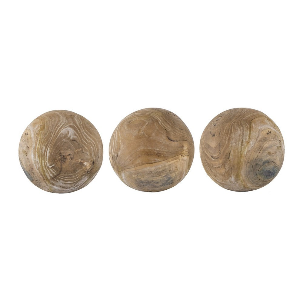 Leah Decorative Accent Ball Set of 3 | Grain Pattern Brown Teak Wood 6"