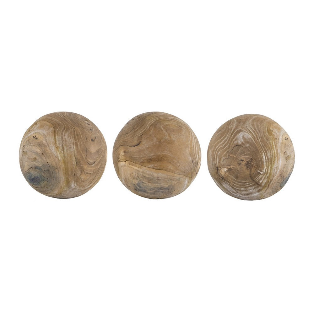 Leah Decorative Accent Ball Set of 3 | Grain Pattern Brown Teak Wood 6"