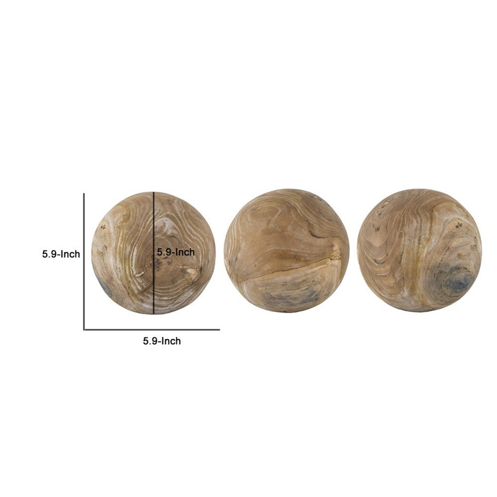 Leah Decorative Accent Ball Set of 3 | Grain Pattern Brown Teak Wood 6"