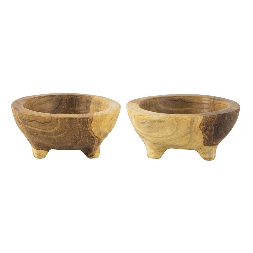 Novie Teak Wood Footed Round Bowls, Set of 2 12" Natural Carved