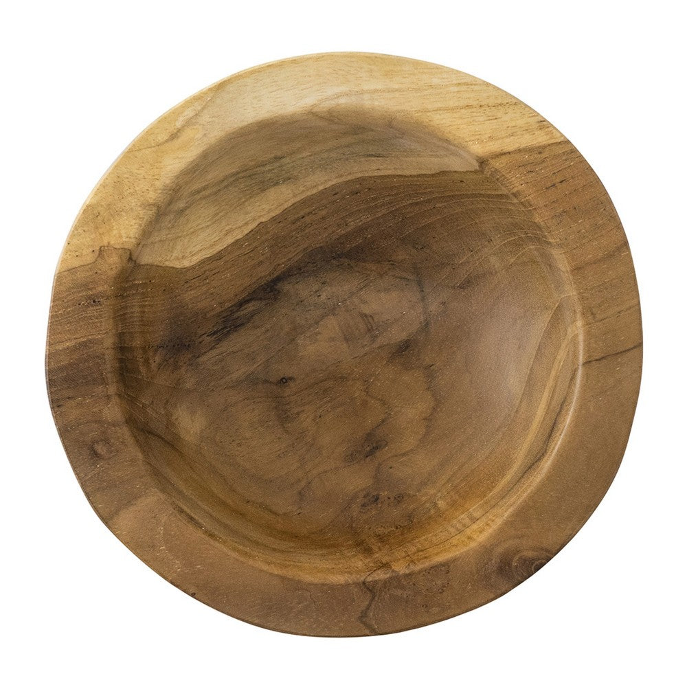 Novie Teak Wood Footed Round Bowls, Set of 2 12" Natural Carved