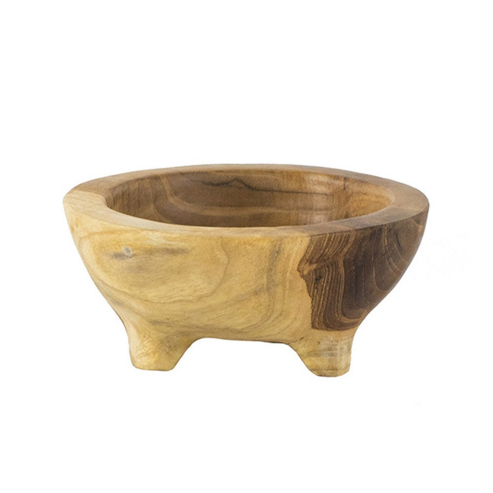 Novie Teak Wood Footed Round Bowls, Set of 2 12" Natural Carved