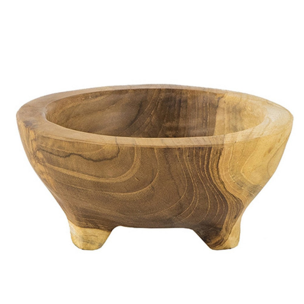 Novie Teak Wood Footed Round Bowls, Set of 2 12" Natural Carved