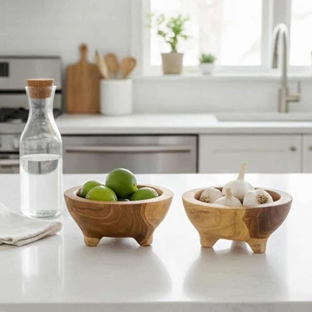 Novie Teak Wood Footed Round Bowls, Set of 2 12" Natural Carved