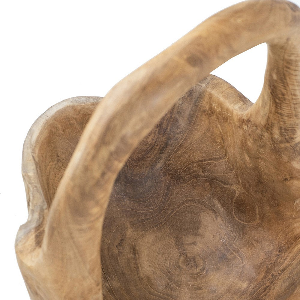 Zack Teak Wood Bowl with Handle | Brown Flowing Grain Pattern | 13"
