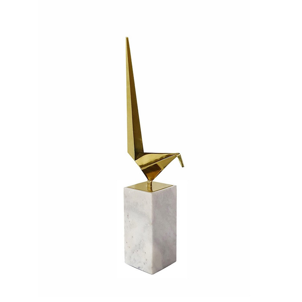 Komi Origami Bird Sculpture | White Marble Base | 21" Gold Steel