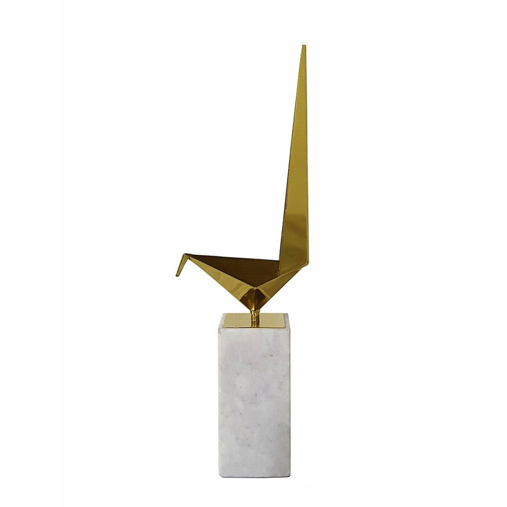 Komi Origami Bird Sculpture | White Marble Base | 21" Gold Steel