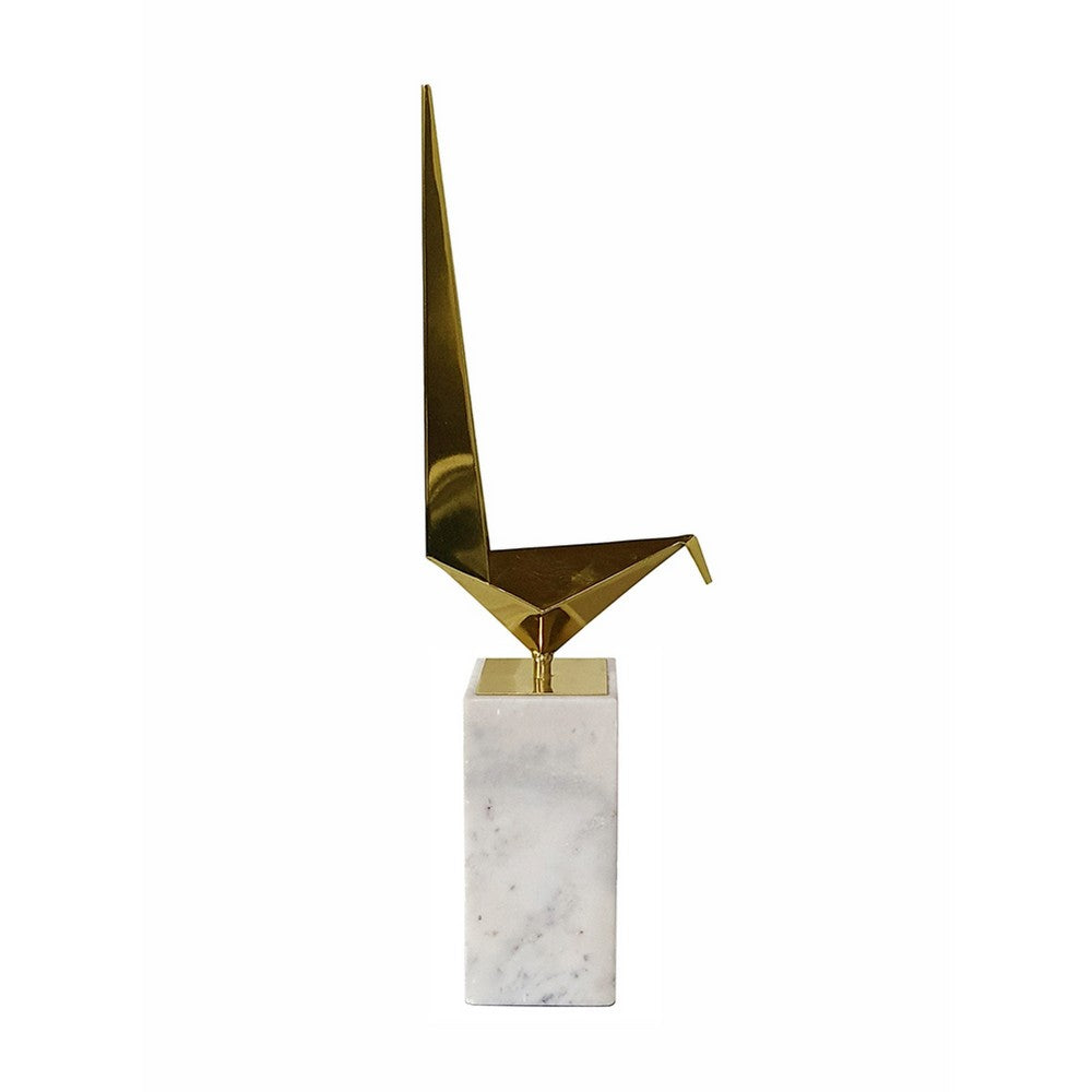 Komi Origami Bird Sculpture | White Marble Base | 21" Gold Steel