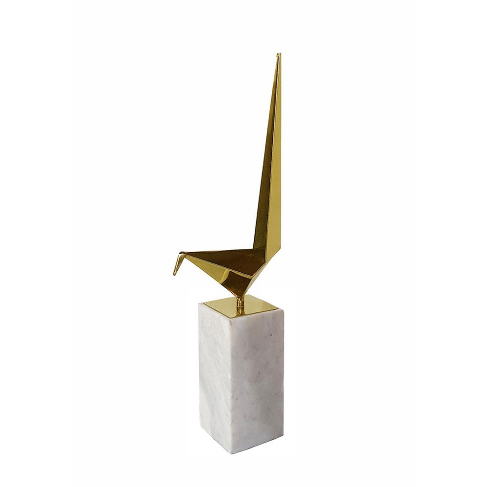 Komi Origami Bird Sculpture | White Marble Base | 21" Gold Steel